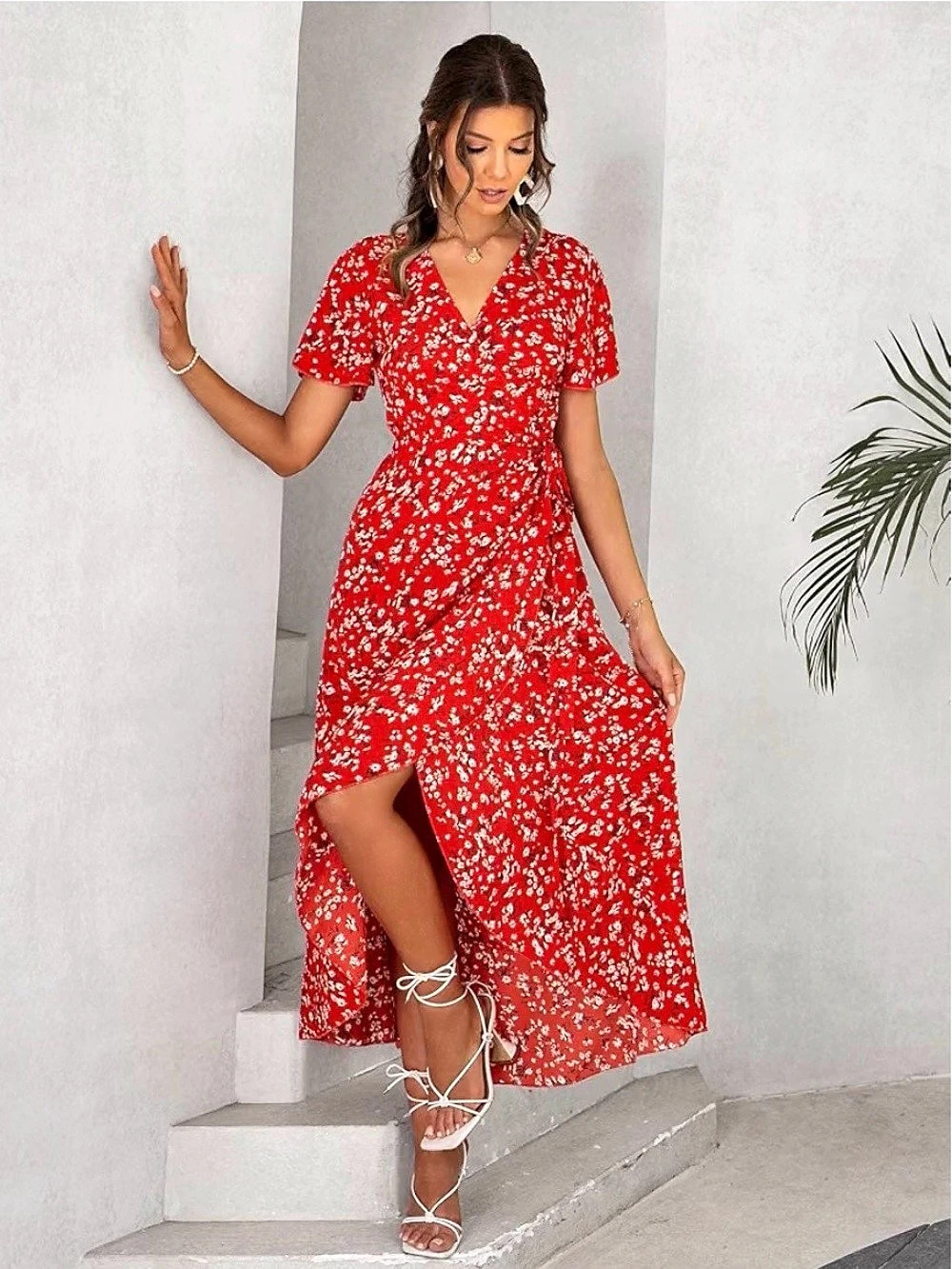 Simplee Floral Wrap Midi Dress in Red Size Medium NWT